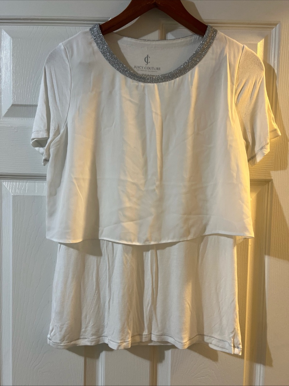 Juicy Couture White Short-Sleeve Layered Top with Silver Neckline